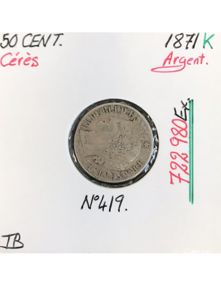50 CENTIMES CERES - 1871K - Pièce de monnaie en Argent // TB