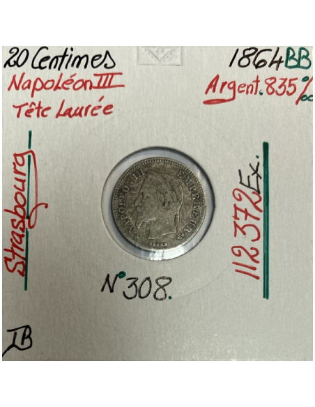 20 CENTIMES NAPOLEON III (1864BB) Pièce de monnaie en Argent // Qualité : TB