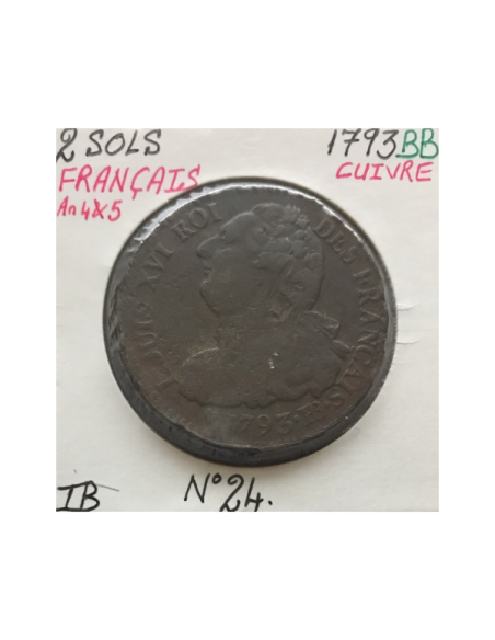 2 SOLS - FRANCAIS - LOUIS XVI - 1793BB - Pièce de Monnaie en Cuivre // TB