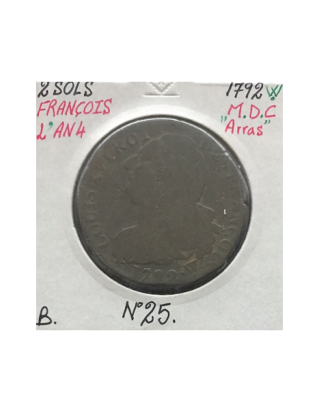 2 SOLS - FRANCOIS - LOUIS XVI - 1792W (ARRAS) - Pièce de Monnaie en MDC // B