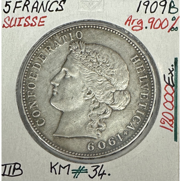 SUISSE - 5 FRANCS 1909 B - Pièce de Monnaie en Argent // Qualité : TTB