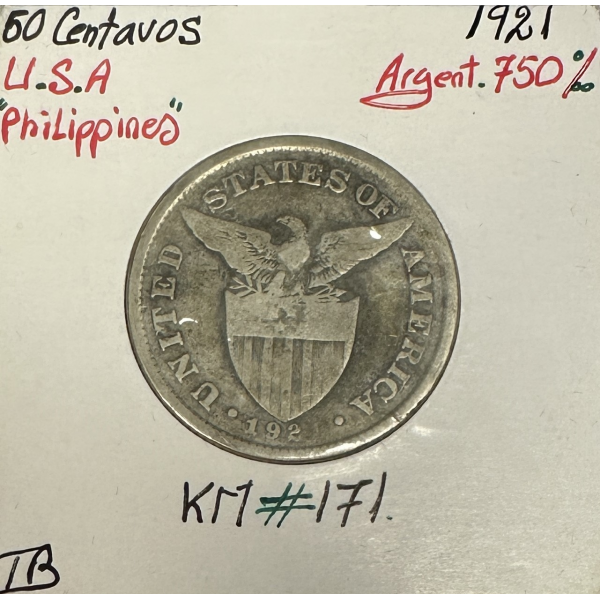 ETATS-UNIS - USA - PHILIPPINES - 50 CENTAVOS 1921 - Pièce de Monnaie en Argent