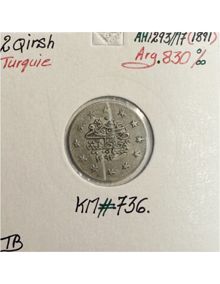 TURQUIE - 2 QIRSH 1891 (AH 1293/17) - Pièce de Monnaie en Argent // Qualité : TB
