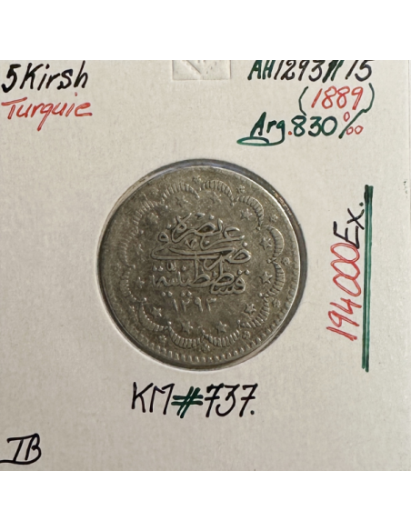 TURQUIE - 5 QIRSH 1889 (AH 1293/15) - Pièce de Monnaie en Argent // Qualité : TB