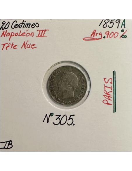 20 CENTIMES NAPOLEON III - 1859A - Pièce de monnaie en Argent // Qualité : TB