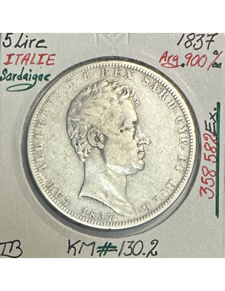 ITALIE - 5 LIRE 1837 - SARDAIGNE - Pièce de Monnaie en Argent // Qualité : TB