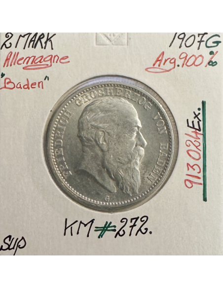 ALLEMAGNE BADEN - 2 MARK 1907G - Pièce de Monnaie en Argent // Qualité : SUP