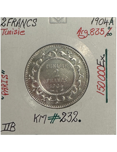 TUNISIE - 2 FRANCS 1904A (AH 1322) - Pièce de Monnaie en Argent // Qualité : TTB
