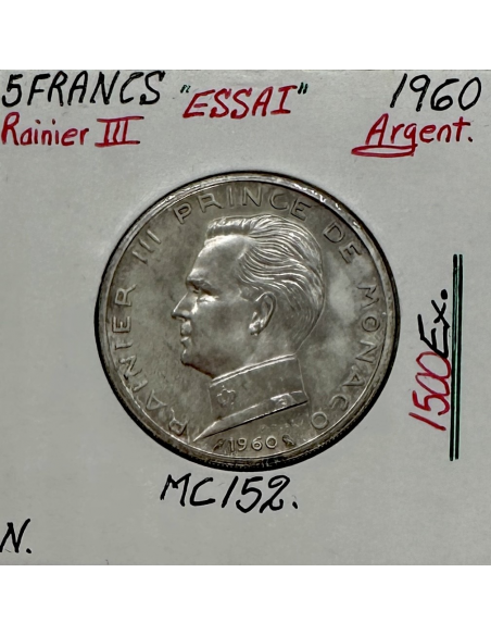 MONACO - 5 FRANCS 1960 (Rainier III) Monnaie en Argent // ESSAI