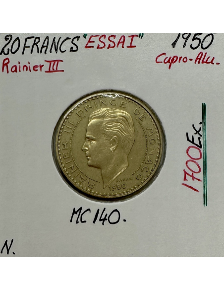 MONACO - 20 FRANCS 1950 (Rainier III) Monnaie en Cupro-Alu // ESSAI