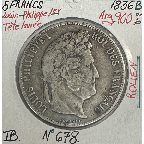 5 FRANCS LOUIS-PHILIPPE Ier - 1836B - Pièce de Monnaie en Argent // Qualité : TB
