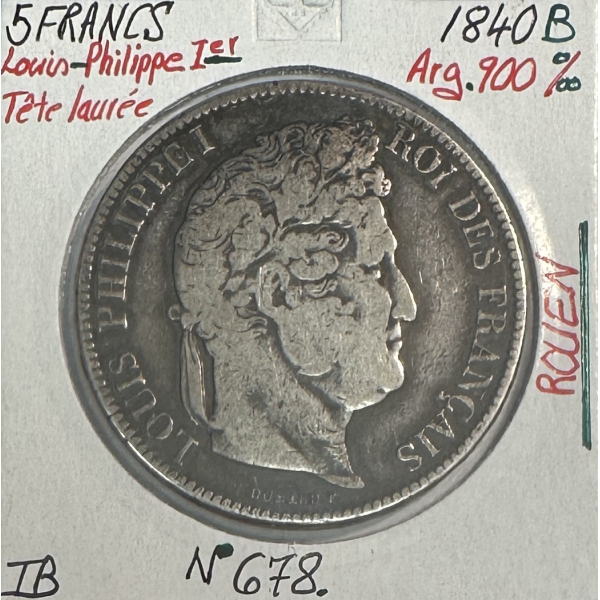 5 FRANCS LOUIS-PHILIPPE Ier - 1840B - Pièce de Monnaie en Argent // TB (REF 1)