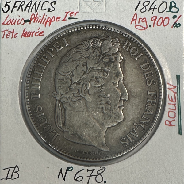 5 FRANCS LOUIS-PHILIPPE Ier - 1840B - Pièce de Monnaie en Argent // TB (REF 2)