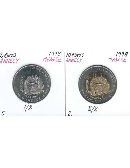 MEDAILLE JETON TOURISTIQUE X 2 - ANNECY 2€ + 10€ 1998 // Qualité : SUP