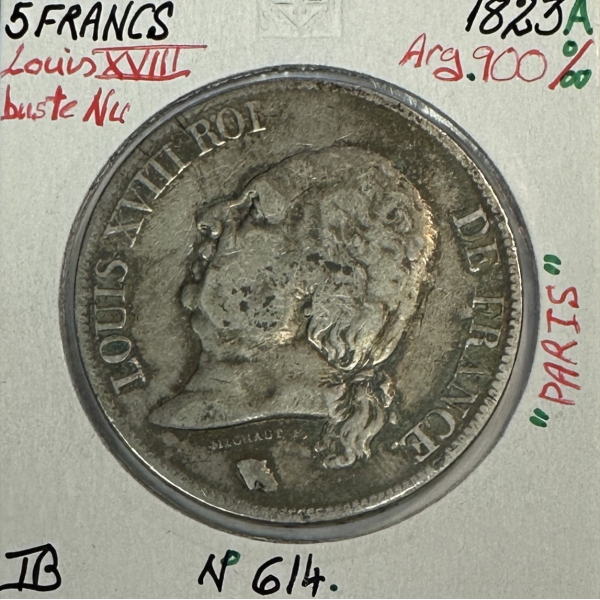 5 FRANCS LOUIS XVIII - 1823A - Pièce de Monnaie en Argent // Qualité : TB