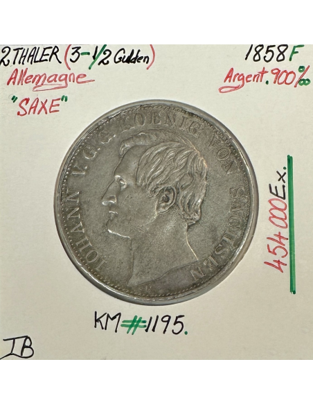 ALLEMAGNE (SAXE) 2 THALER (3-1/2 GULDEN) - 1858 F - Monnaie en Argent // TB