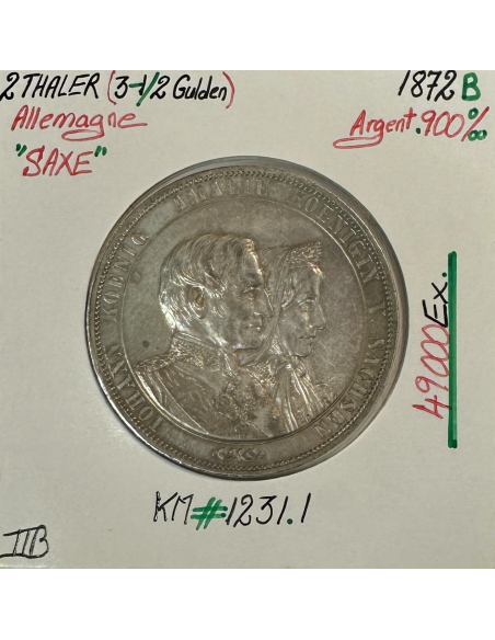 ALLEMAGNE (SAXE) 2 THALER (3-1/2 GULDEN) - 1872 B - Monnaie en Argent // TTB