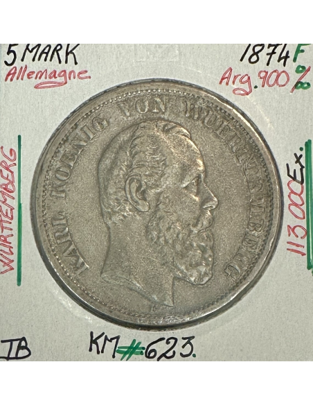 ALLEMAGNE WURTTEMBERG - 5 MARK 1874F - Monnaie en Argent // Qualité : TB