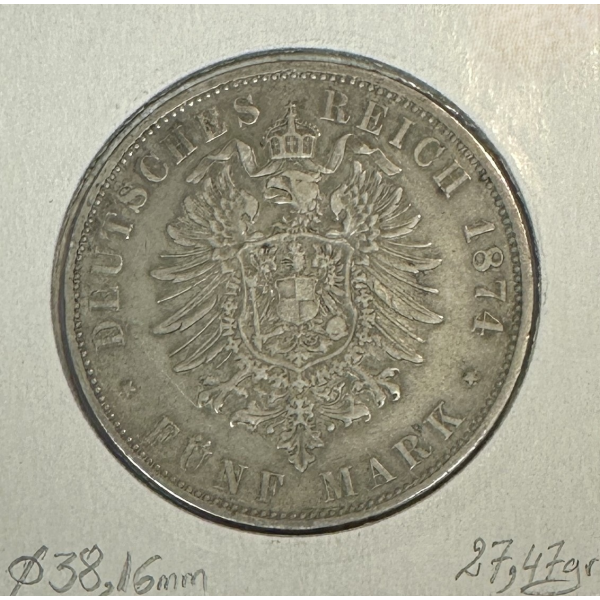 ALLEMAGNE WURTTEMBERG - 5 MARK 1874F...