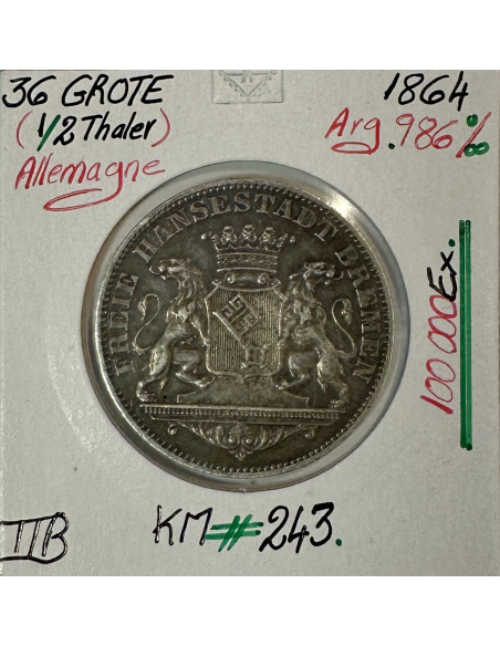 ALLEMAGNE - 36 GROTE (1/2 THALER) 1864 - Pièce de Monnaie en Argent // TTB