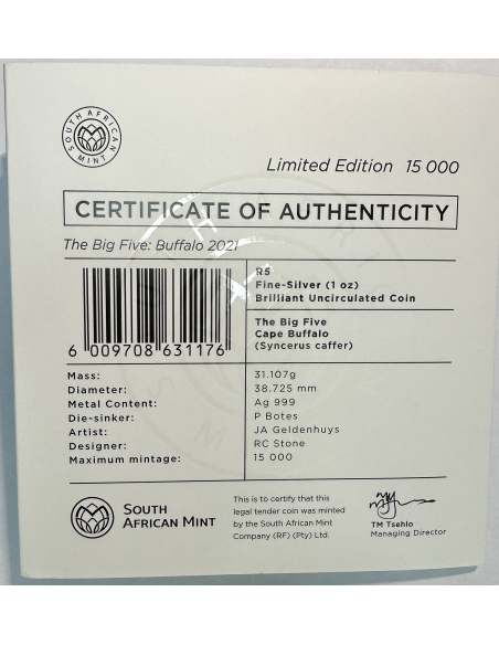 AFRIQUE DU SUD - 5 RAND - Pièce Commémorative en Argent (2021) BUFFALO (BU)