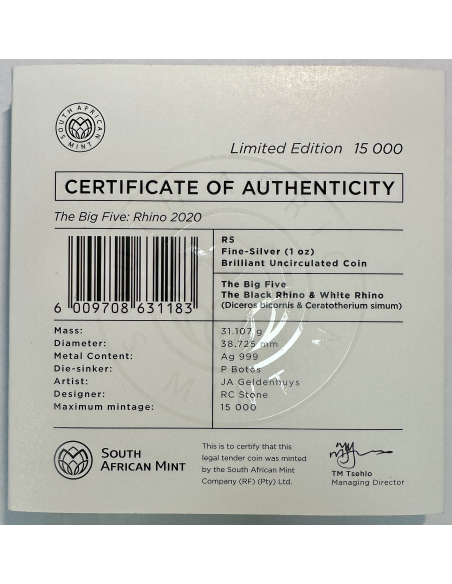 AFRIQUE DU SUD - 5 RAND - Pièce Commémorative en Argent (2020) RHINO (BU)