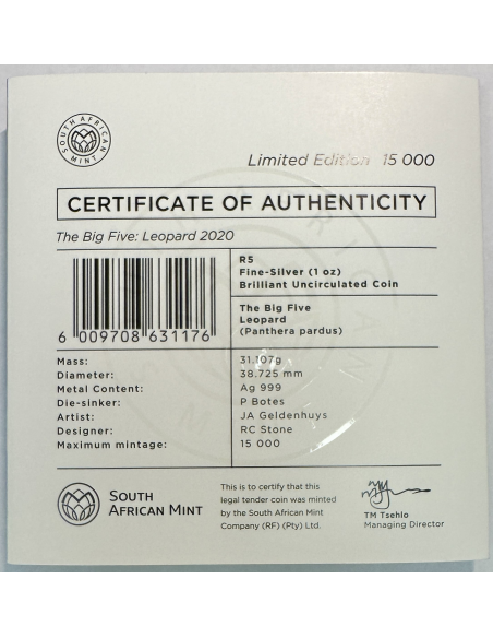 AFRIQUE DU SUD - 5 RAND - Pièce Commémorative en Argent (2020) LEOPARD (BU)