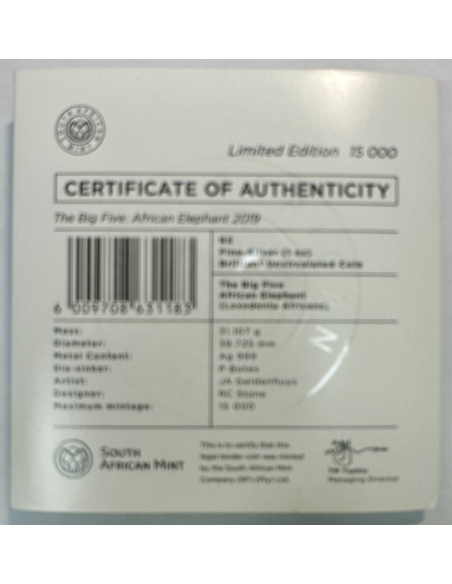 AFRIQUE DU SUD - 5 RAND - Pièce Commémorative en Argent (2019) ELEPHANT (BU)