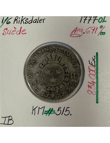 SUEDE - 1/6 RIKSDALER 1777 OL - Pièce de Monnaie en Argent // Qualité : TB