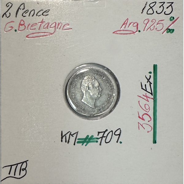 ROYAUME-UNI / GRANDE BRETAGNE (2 Pence 1833) Monnaie en Argent // Qualité : TTB