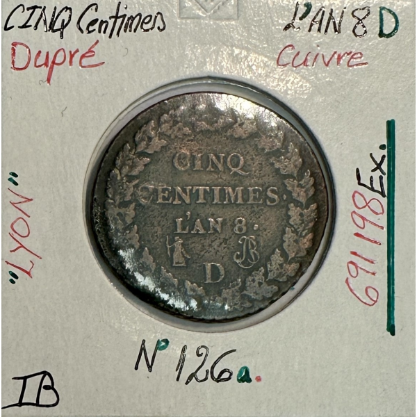 5 CENTIMES DUPRE - L'An 8 D - Pièce...