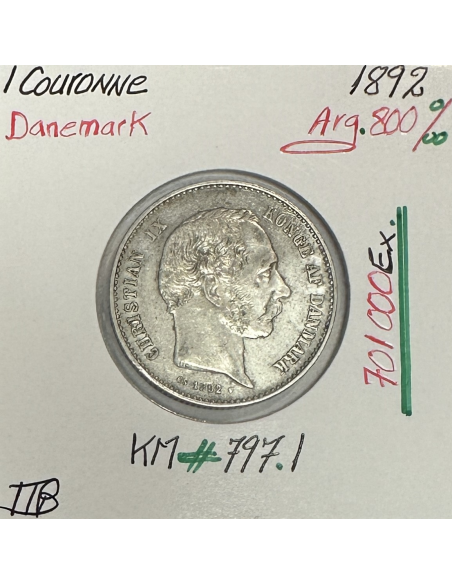 DANEMARK - 1 COURONNE 1892 - Pièce de Monnaie en Argent // Qualité : TTB