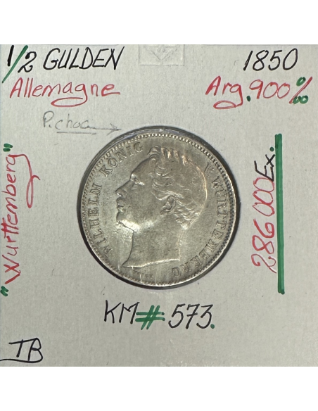 ALLEMAGNE - 1/2 GULDEN - 1850 - Pièce de Monnaie en Argent // Qualité : TB