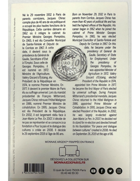 France - 10 Euro 2020 - JACQUES CHIRAC - Monnaie en Argent - La Monnaie de Paris