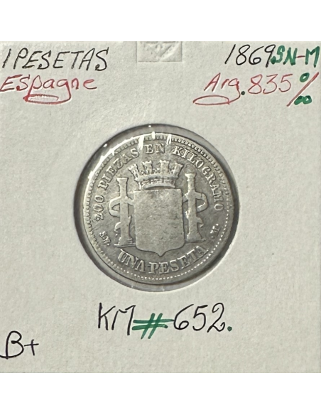 ESPAGNE - 1 PESETAS 1869 SN-M - Pièce de Monnaie en Argent // Qualité : B