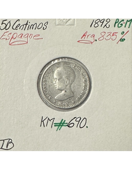 ESPAGNE - 50 CENTIMOS 1892 PG-M - Pièce de Monnaie en Argent // TB