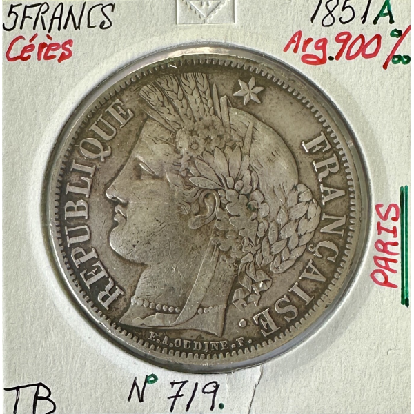 5 FRANCS CERES 1851A - Pièce de Monnaie en Argent // Qualité : TB