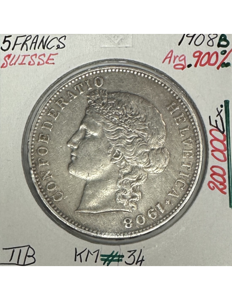 SUISSE - 5 FRANCS 1908 B - Pièce de Monnaie en Argent // Qualité : TTB