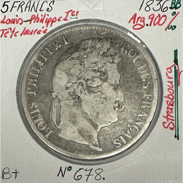 5 FRANCS LOUIS-PHILIPPE Ier - 1836BB - Pièce de Monnaie en Argent // Qualité : B