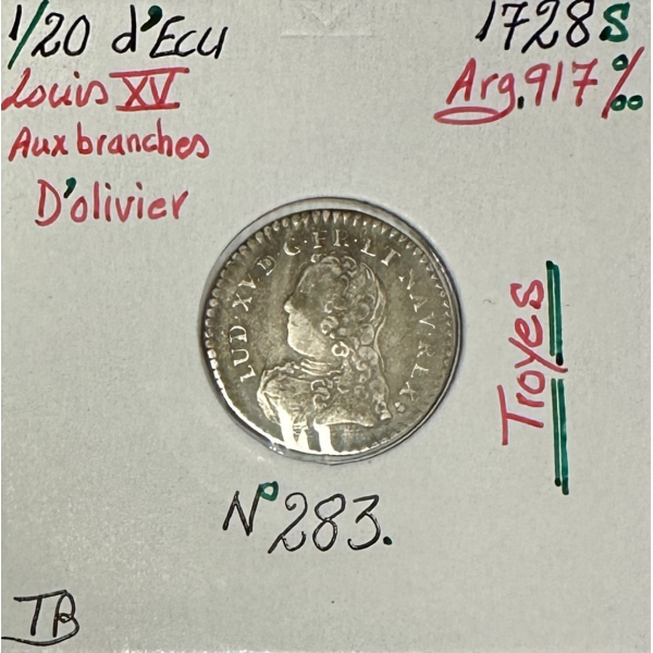 1/20 ECU aux Branches d'Olivier - LOUIS XV (1728S) Monnaie en Argent // TB