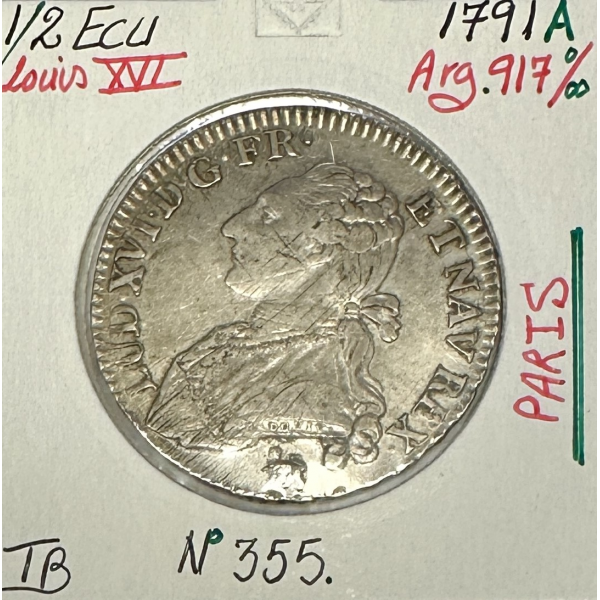 1/2 ECU LOUIS XVI - 1791A - Pièce de Monnaie en Argent // TB