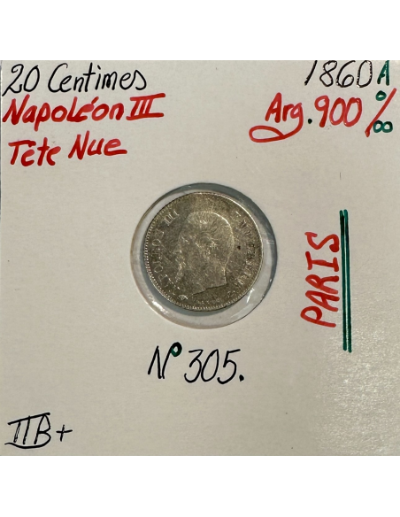 20 CENTIMES NAPOLEON III (1860A) Pièce de monnaie en Argent // Qualité : TTB