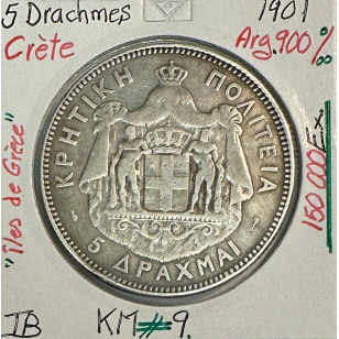 CRETE - 5 DRACHMES 1901 - Pièce de Monnaie en Argent //...
