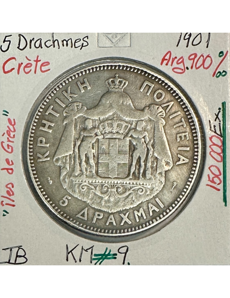 CRETE - 5 DRACHMES 1901 - Pièce de Monnaie en Argent // Qualité : TB