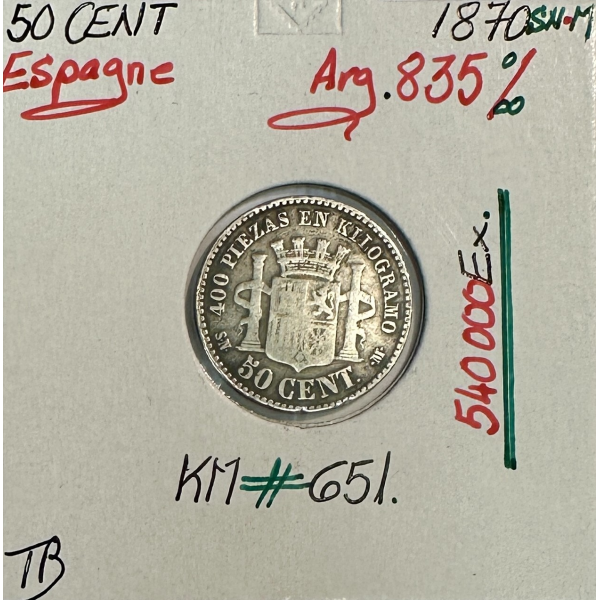 ESPAGNE - 50 CENT 1870 SN-M - Pièce...