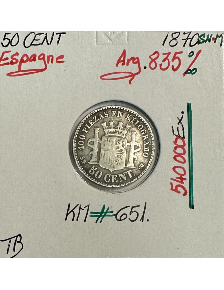 ESPAGNE - 50 CENT 1870 SN-M - Pièce de Monnaie en Argent // TB