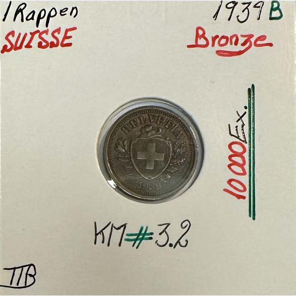 SUISSE - 1 RAPPEN 1939 B - Pièce de...