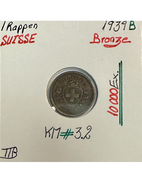 SUISSE - 1 RAPPEN 1939 B - Pièce de Monnaie en Bronze // Qualité : TTB