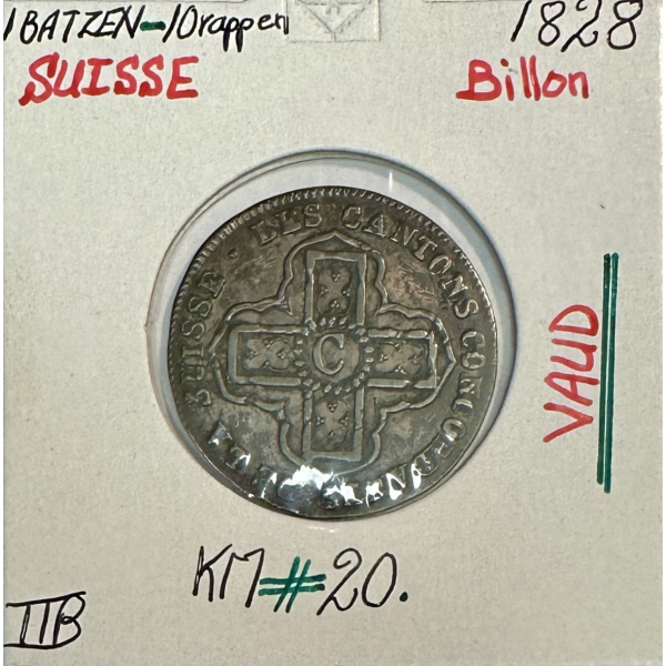 SUISSE VAUD - 1 BATZEN 1828 - Pièce...