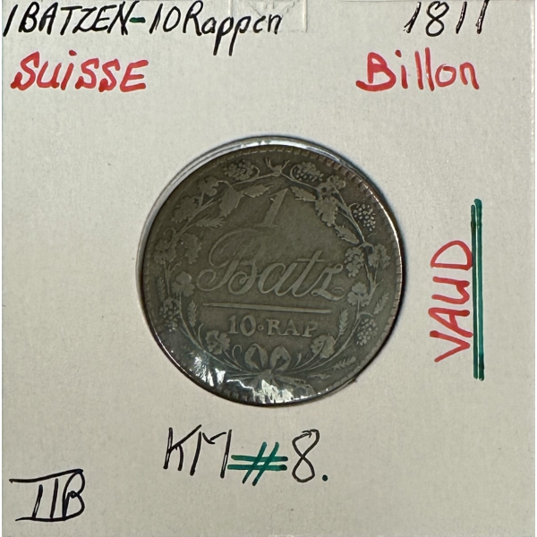 SUISSE VAUD - 1 BATZEN 1811 - Pièce...